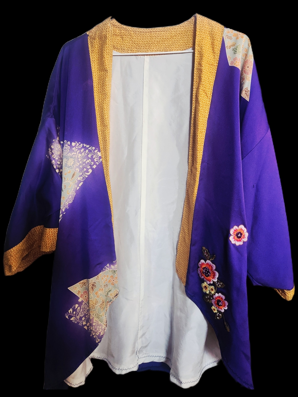 Purple Floral Embroidered Kimono with Gold Trim